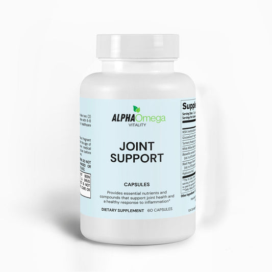AlphaOmega Joint Support supplements bottle, 60 capsules, dietary supplement on white background