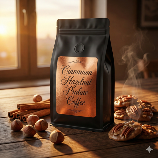 Black coffee bag labeled 'Cinnamon Hazelnut Praline Coffee' on a wooden surface with cinnamon sticks and hazelnuts - blinks emporium