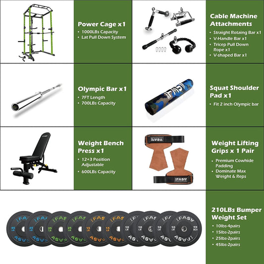 210lb Green Home Gym Set Multi-functional Power Cage, Home Adjustable Pullup power Rack 1000Lbs Capacity Comprehensive Fitness Barbell Rack - Blinks Emporium