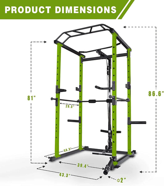 1000 lbs capacity Green Multi-functional Power Cage, Home Adjustable Pullup Power Rack Comprehensive Fitness Barbell Rack Olympic Bar - Blinks Emporium