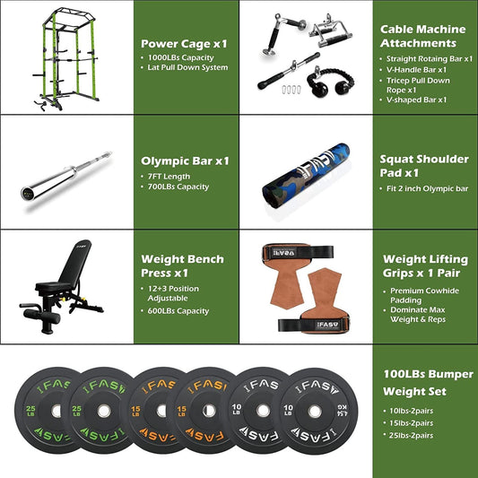 100lb Green Home Gym Set Multi-functional Power Cage, Home Adjustable Pullup Squat Rack 1000Lbs Capacity Comprehensive Fitness Barbell Rack - Blinks Emporium