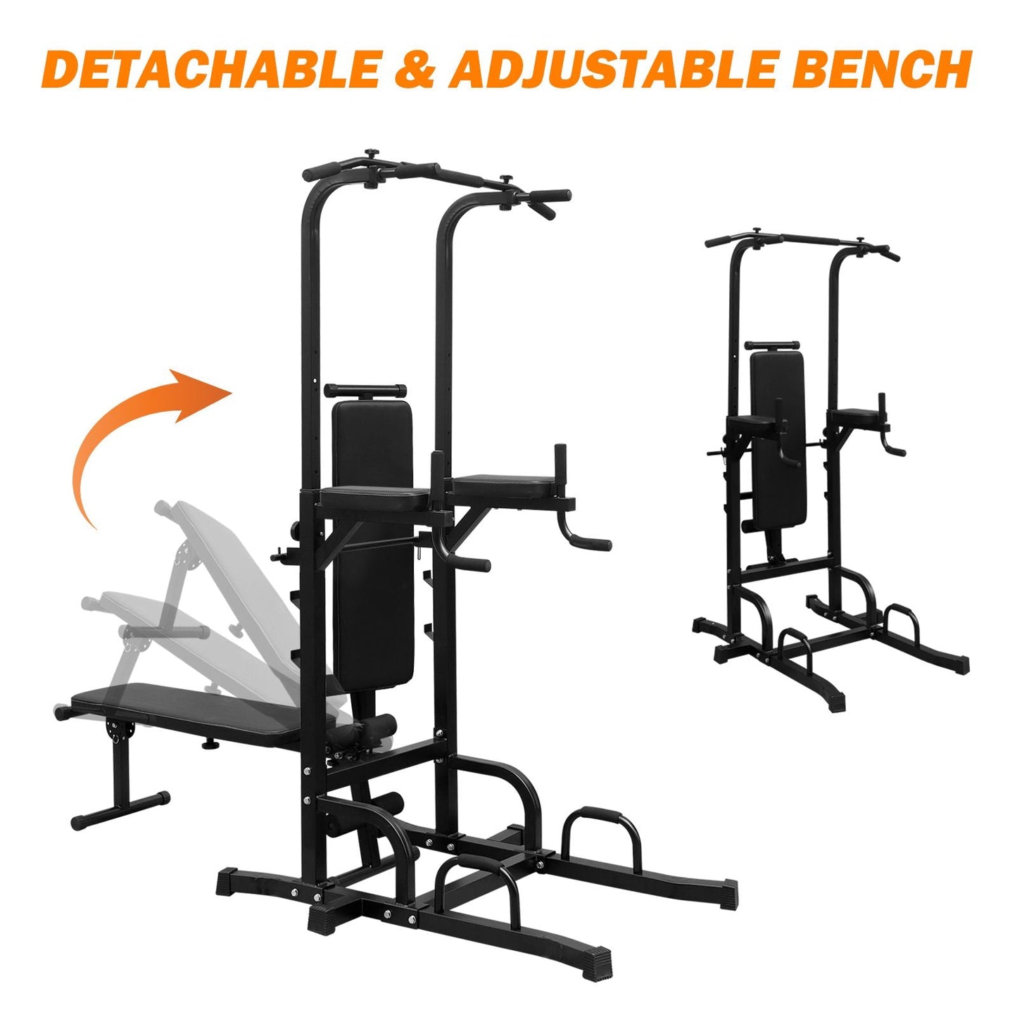 Power Tower Dip Station with Bench Pull Up Tower Bar Stand Adjustable Height Heavy Duty Multi-Function Fitness Training Equipment for Home Office Gym