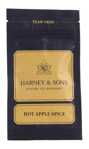 Harney & Sons Hot Apple Spice tea packet, black and gold packaging, master tea blenders