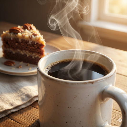 Steaming white ceramic mug of coffee with a slice of chocolate cake in the background - blinks emporium