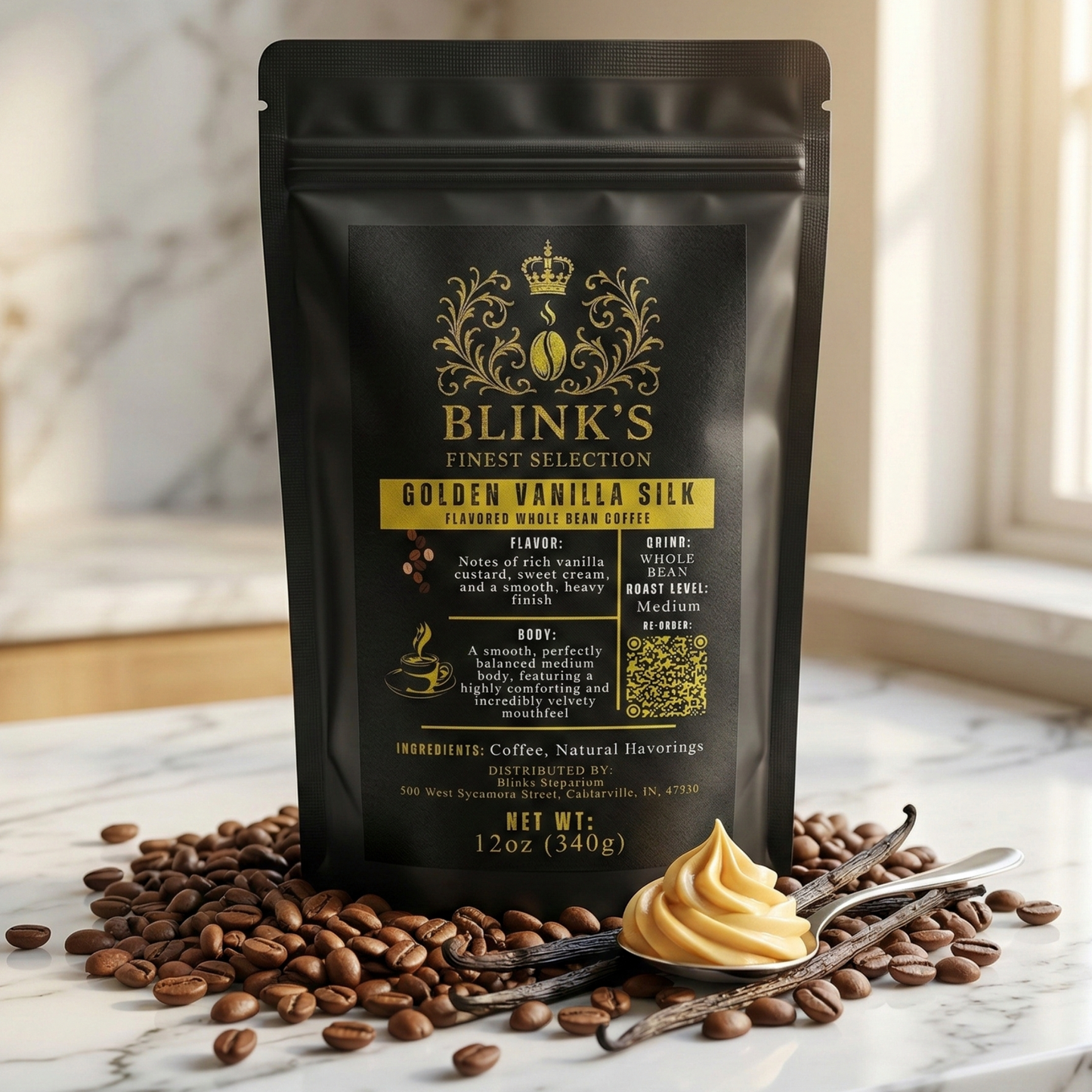 Golden Vanilla Silk coffee bag with vanilla beans and cream - blinks emporium