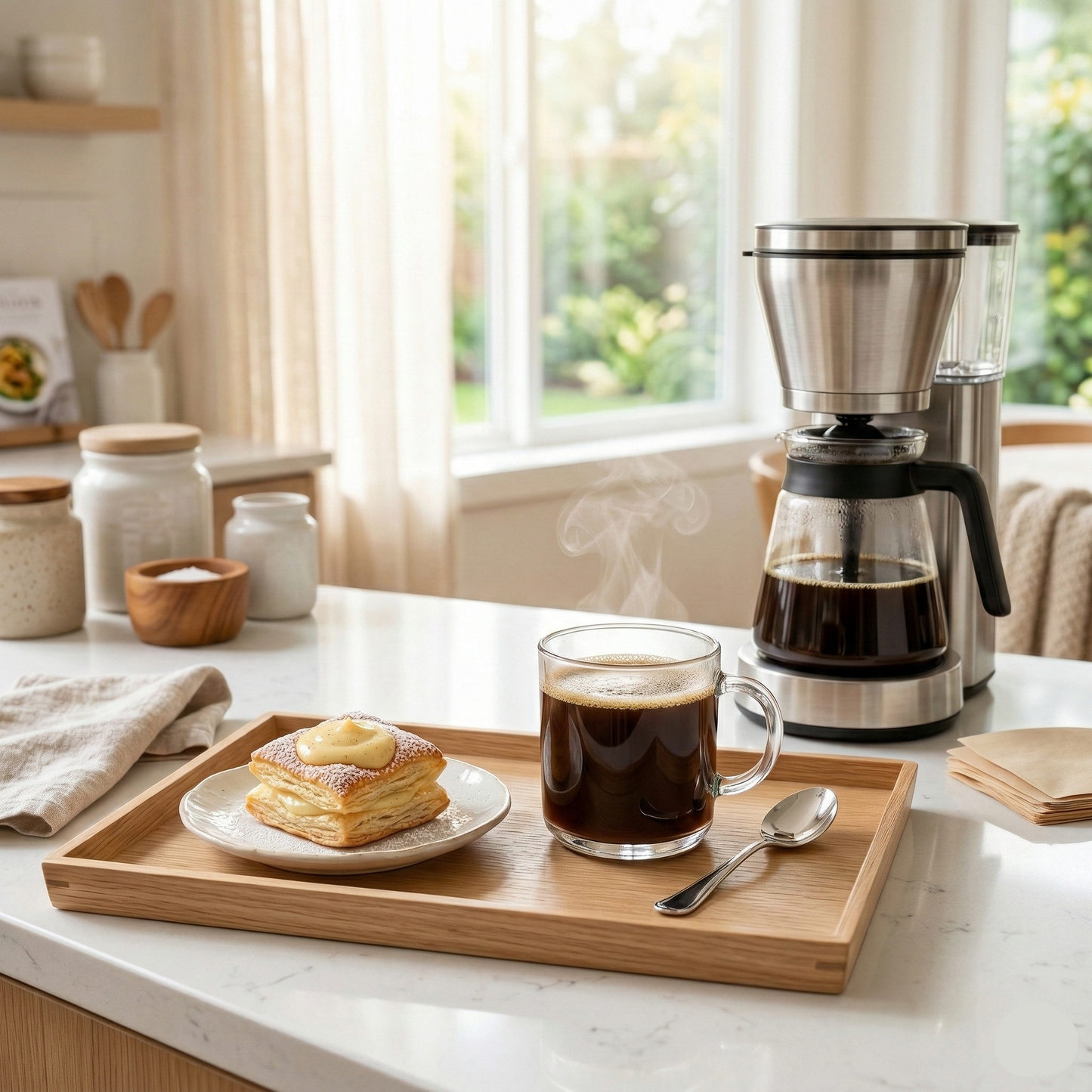 Brewing Golden Vanilla Silk coffee next to a vanilla pastry - blinks emporium