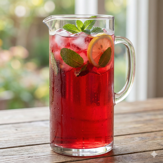 Glass pitcher filled with red iced tea, lemon slices, and mint leaves on a wooden table - blinks emporium