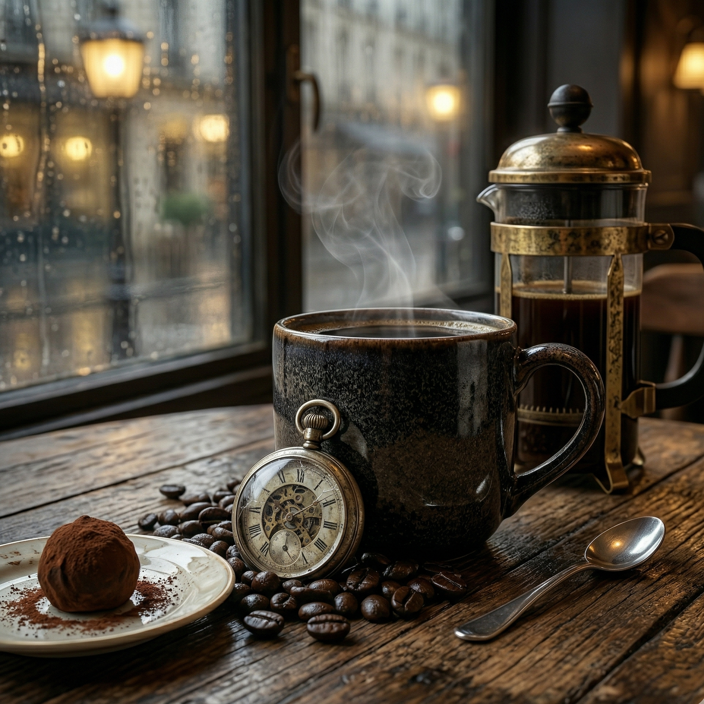 Brewing Midnight in Paris dark roast coffee in a romantic cafe - blinks emporium