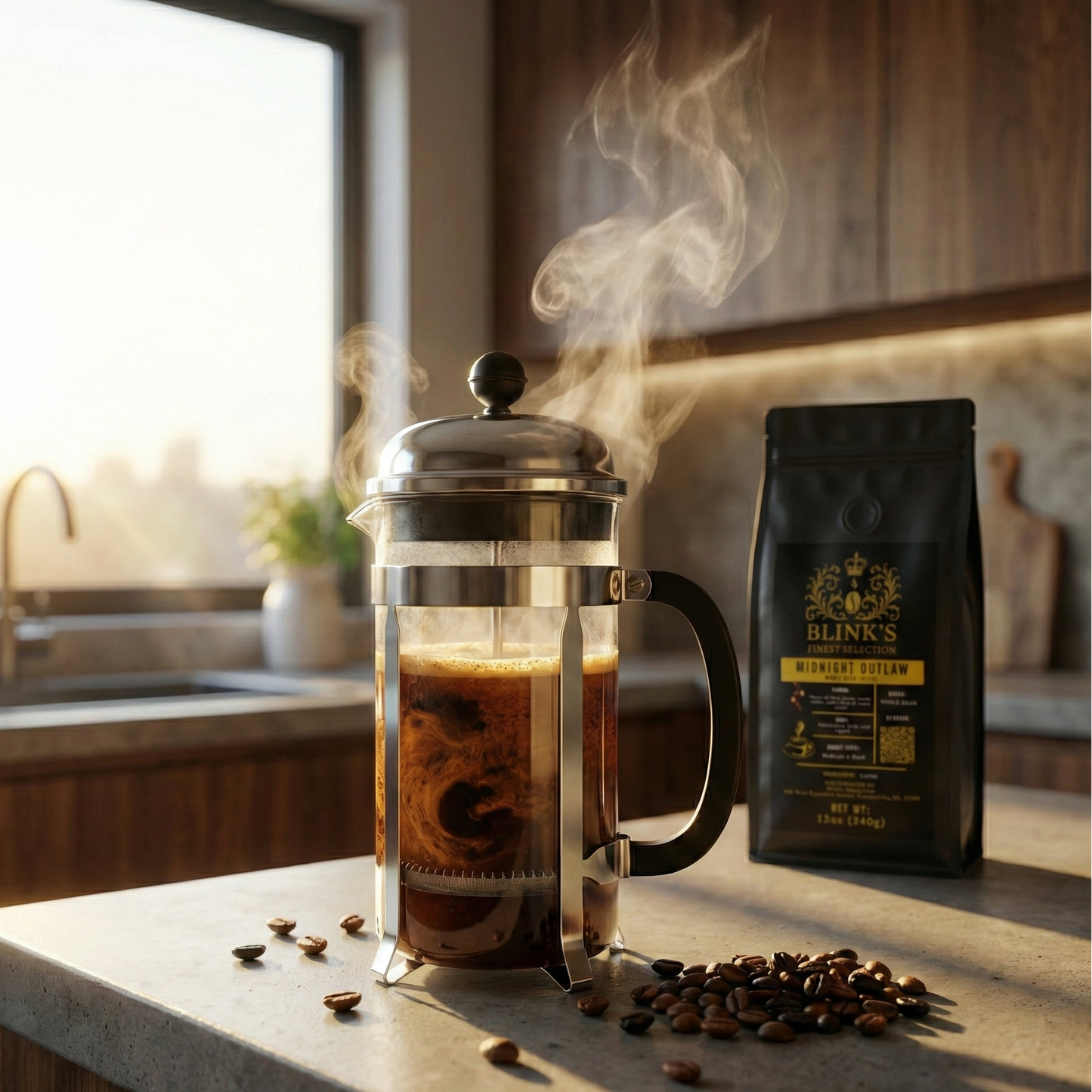 Steaming French press coffee with coffee beans and a bag of coffee on a kitchen counter.