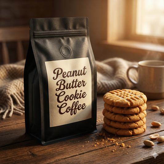 Peanut Butter Cookie Coffee package with cookies and a mug on a wooden surface - blinks emporium