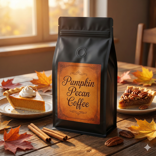 Black coffee bag labeled 'Pumpkin Pecan Coffee' on a table with pumpkin pie and autumn leaves - blinks emporium