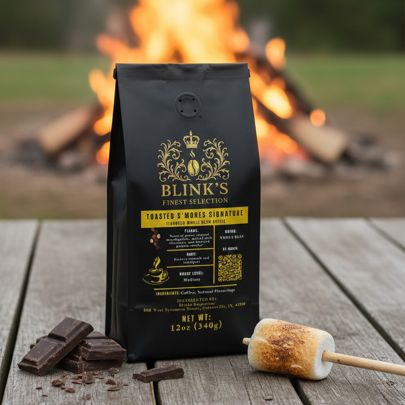 Blink's coffee bag with s'mores ingredients on a wooden table in front of a campfire.
