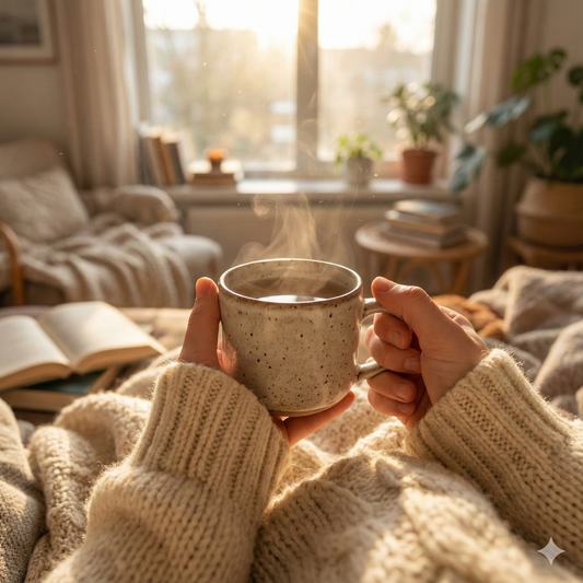woman holding a steaming mug of coffee in a cozy living room with sunlight streaming through the window - blinks emporium
