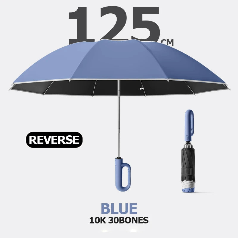 Premium Windproof Umbrella with Reflective Strip, Reverse Automatic Folding, UV Protection, and Carabiner Handle