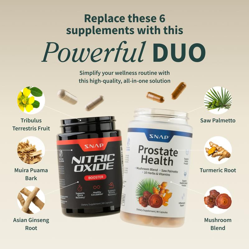 Ultimate Men'S Health Bundle - Snap Supplements - Nitric Oxide Booster 60Ct + Prostate Health Bundle - Natural Supplement Capsules - Support Blood Circulation & Prostate Health