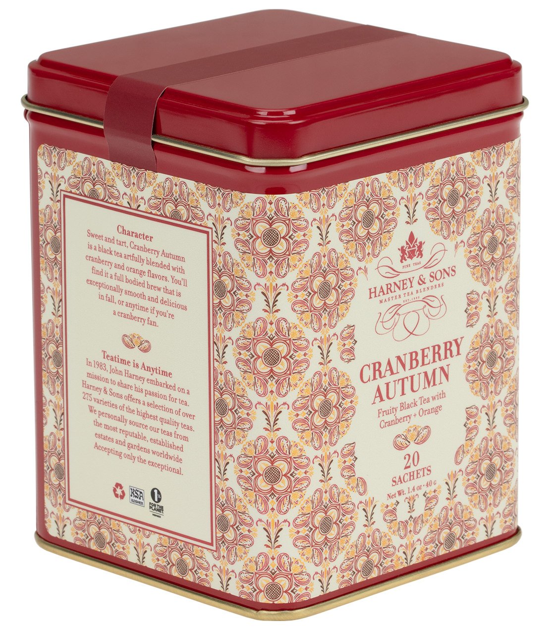 Harney & Sons Cranberry Autumn tea tin, red and cream floral design, 20 sachets