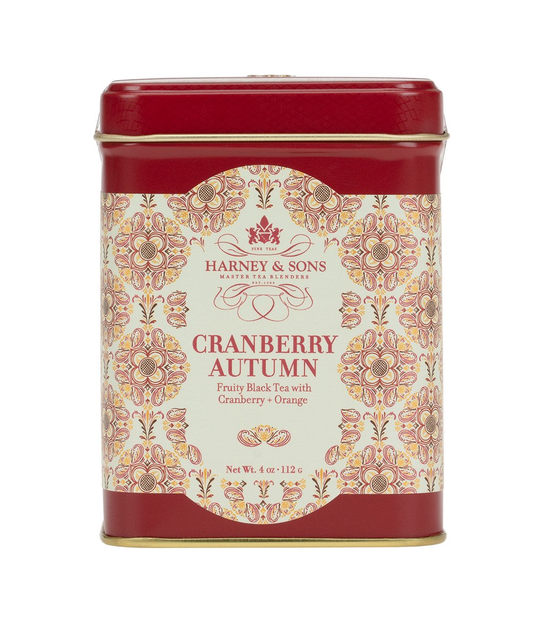 Harney & Sons Cranberry Autumn black tea tin with floral design, 4 oz size.