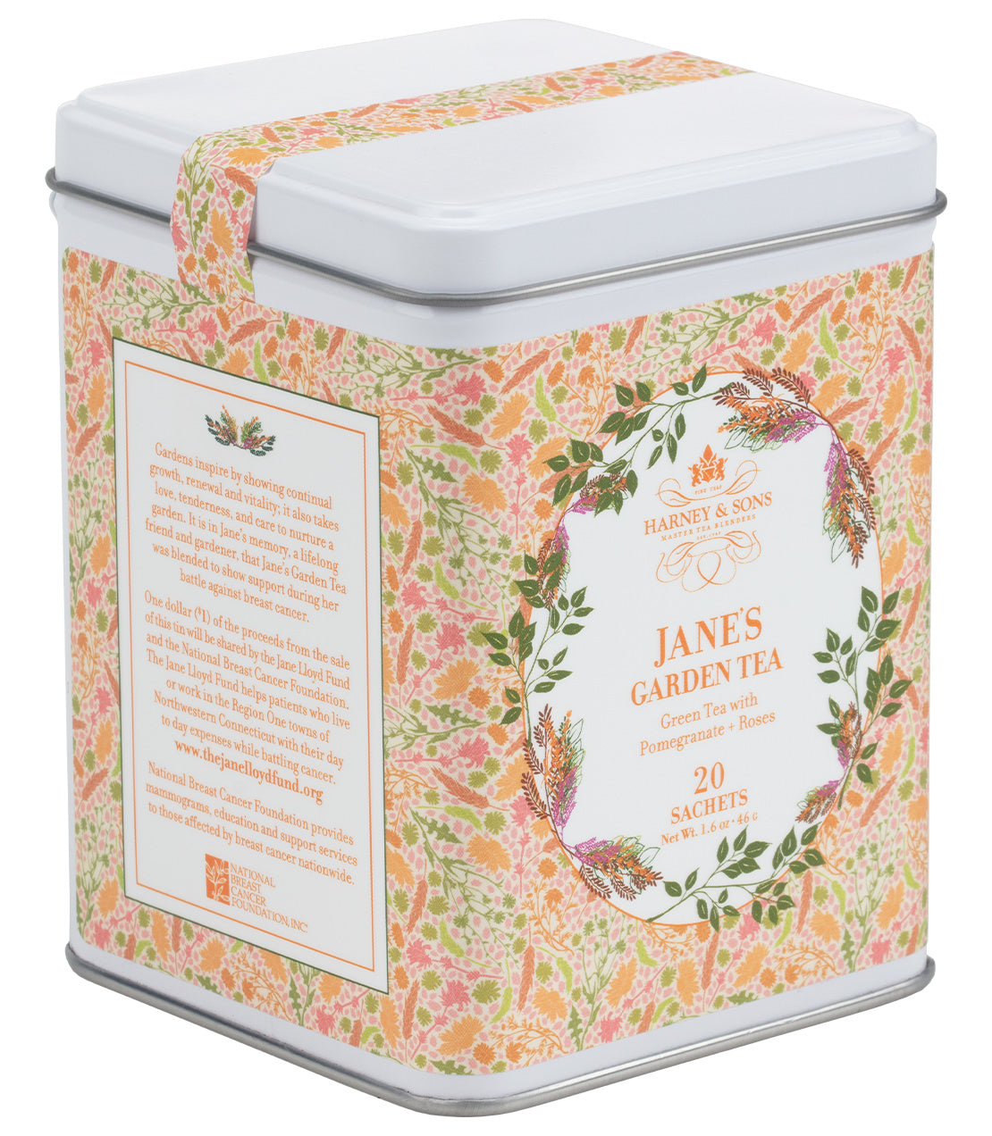 Harney & Sons Jane's Garden Tea tin, floral design, 20 sachets, green tea with pomegranate - blinks emporium