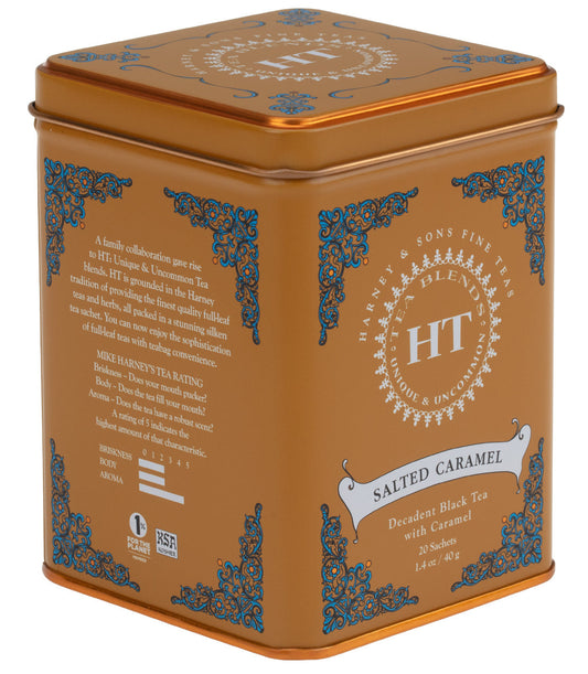 Tea tin with 'HT' branding and 'Salted Caramel' flavor description on a white background - blinks emporium