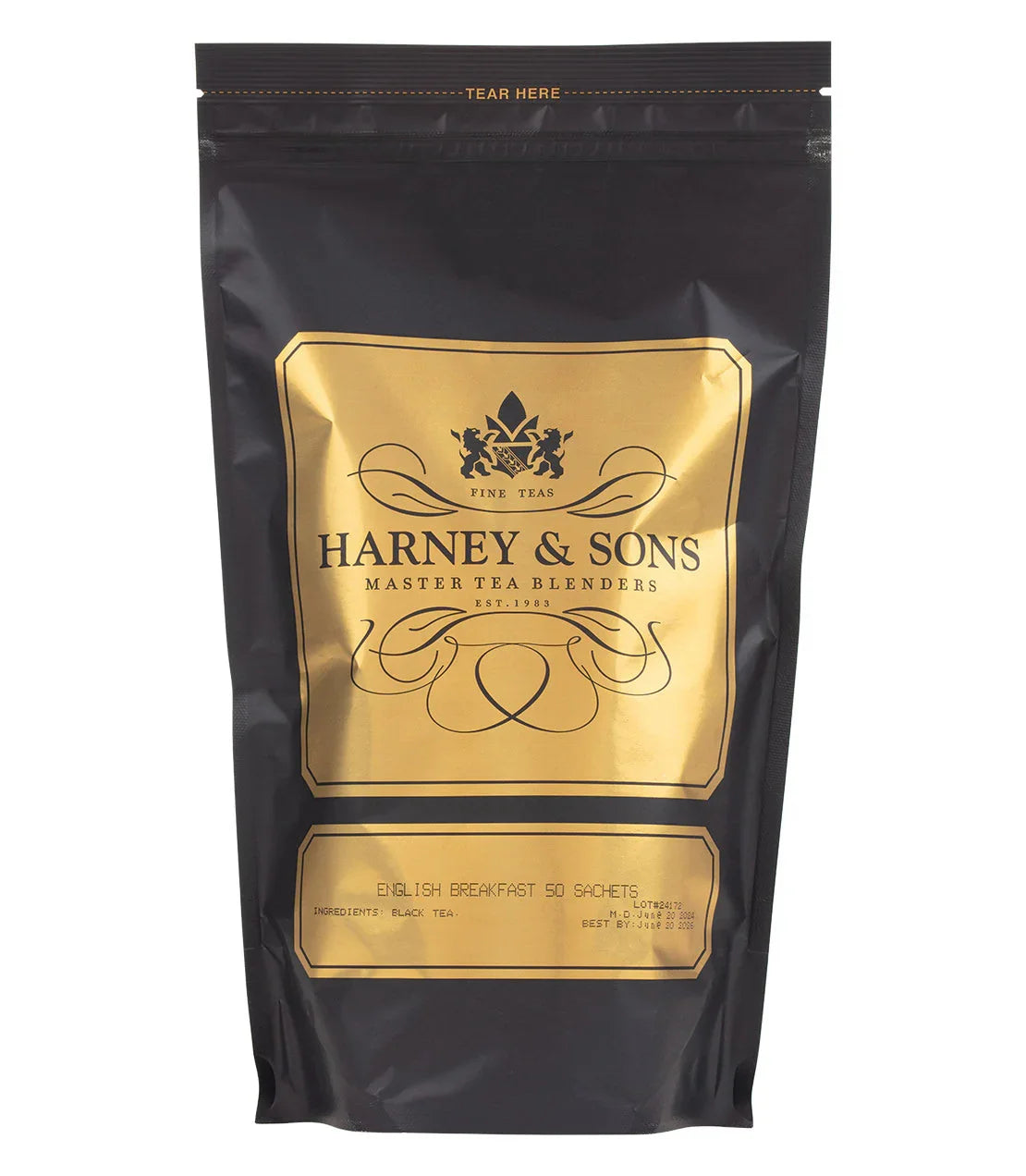 Harney & Sons English Breakfast tea 50 sachet bag, black and gold packaging - blinks emporium
