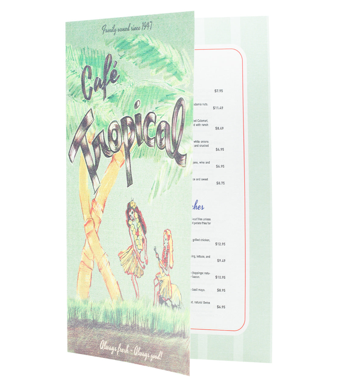 Menu for Café Tropical with colorful illustration and text