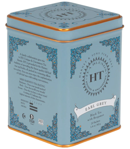 Harney & Sons Earl Grey tea tin, blue with gold trim and ornate floral design, 20 sachets.