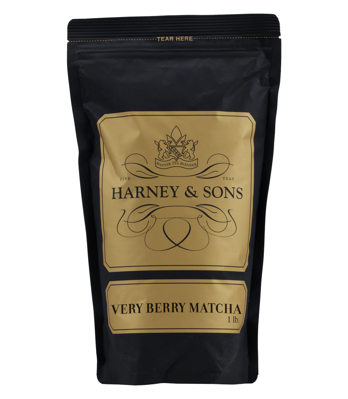Black package of Harney & Sons Very Berry Matcha on a white background