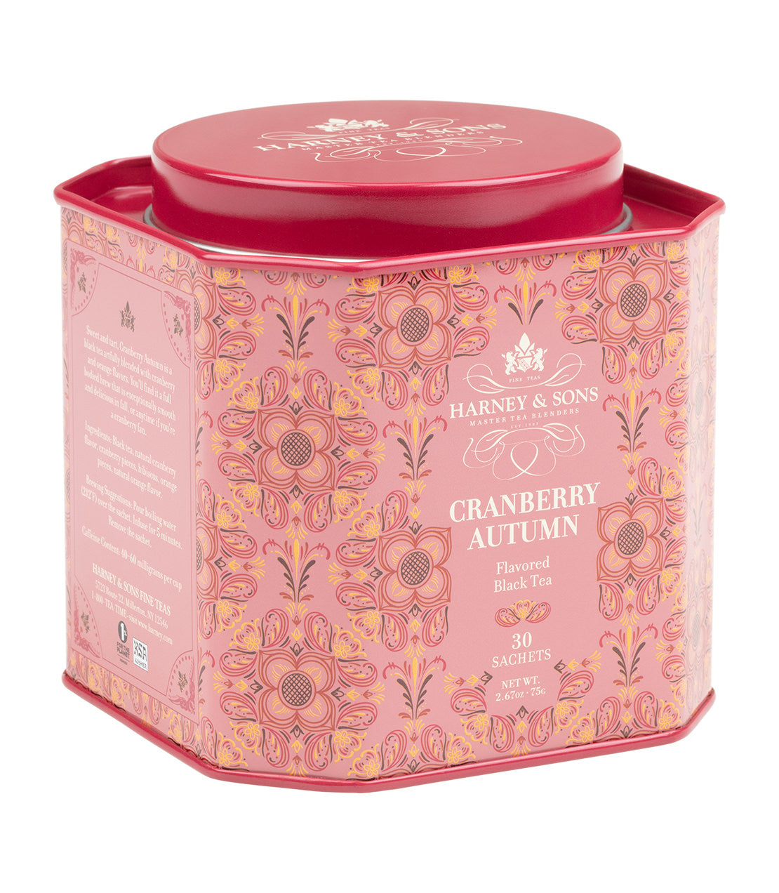 Harney & Sons Cranberry Autumn tea tin, 30 sachets, pink floral design, flavored black tea