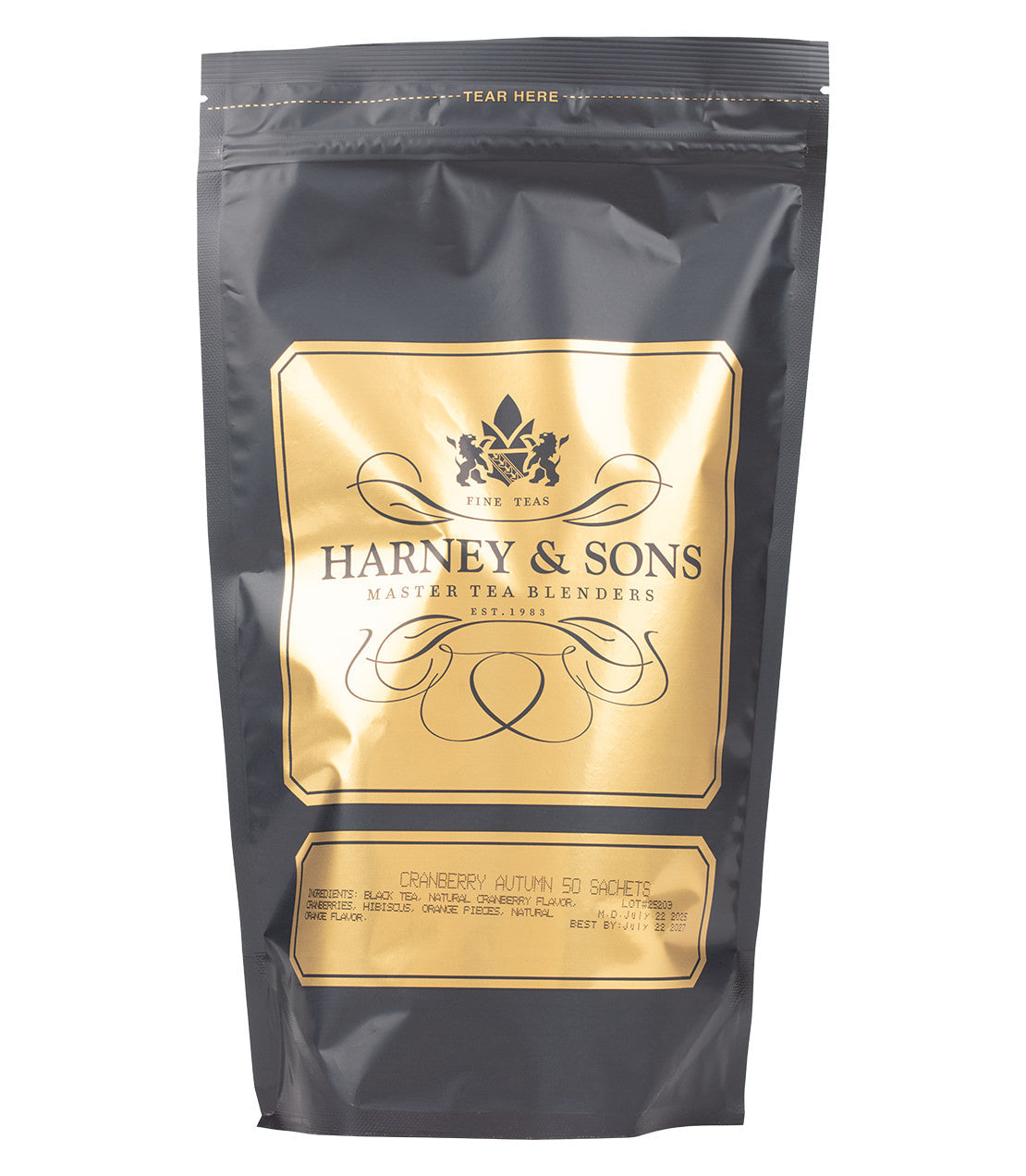 Harney & Sons Cranberry Autumn tea 50 count sachet bag, black and gold packaging