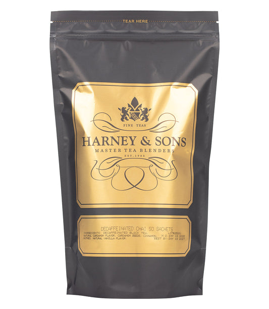 Harney & Sons tea package with gold label on a white background