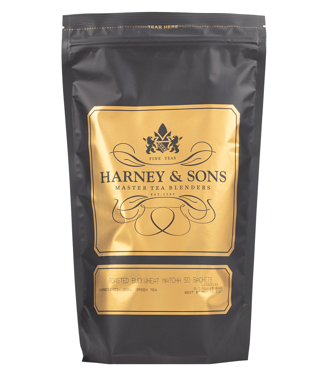 Harney & Sons tea package with gold label on a white background