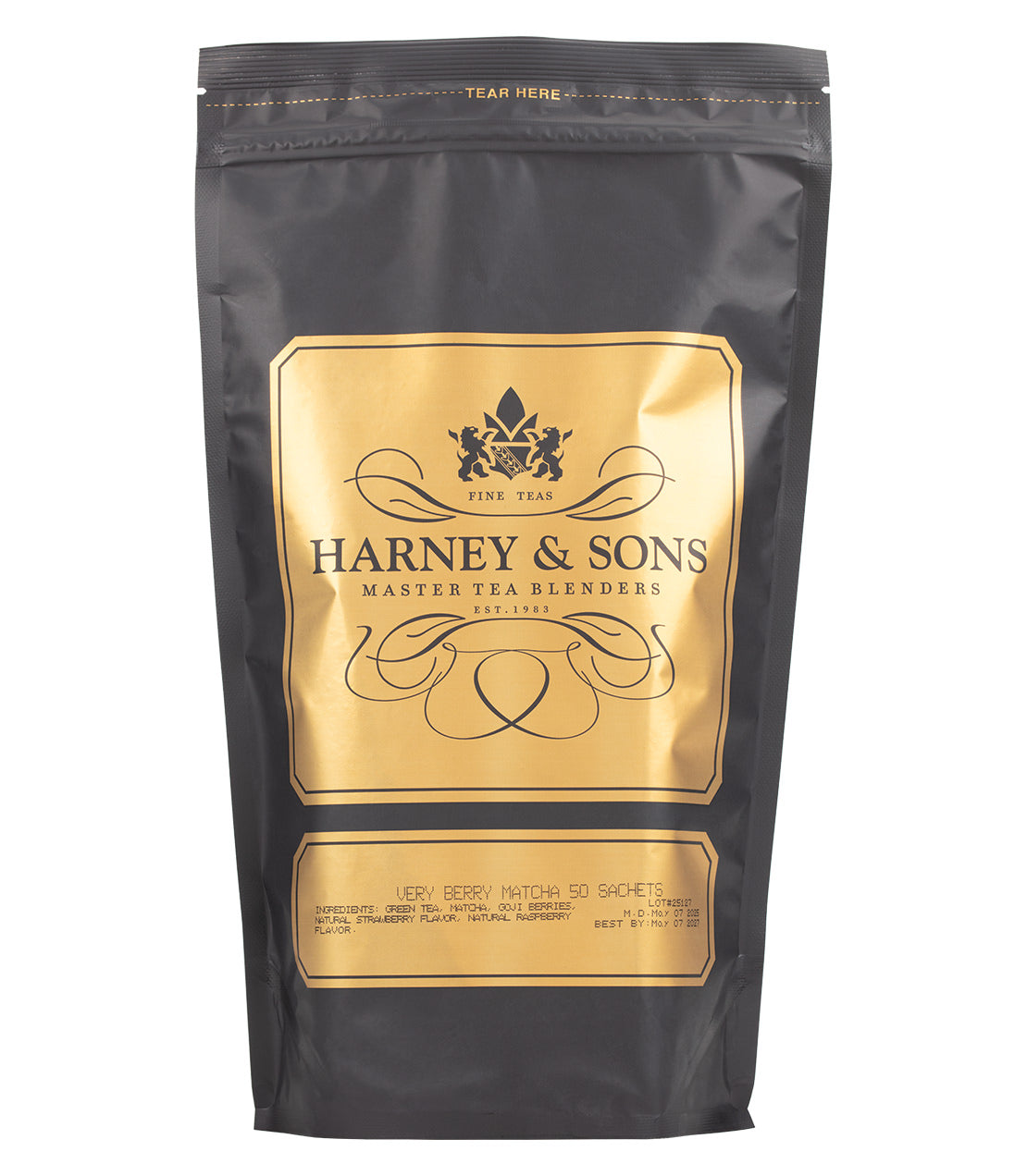 Harney & Sons tea package with gold label on a white background
