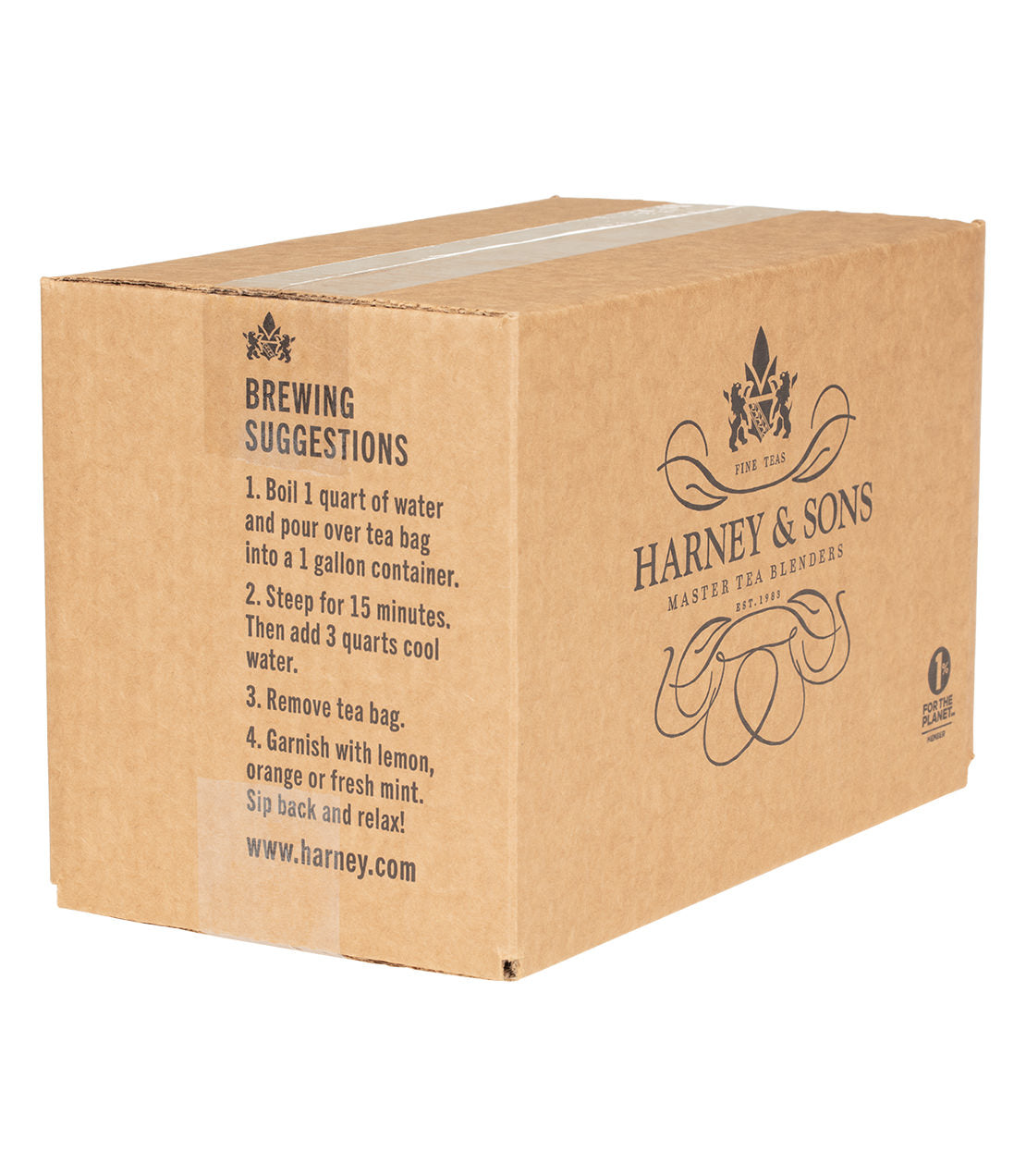 Brown cardboard box with Harney & Sons branding and brewing instructions on a white background - blinks emporium