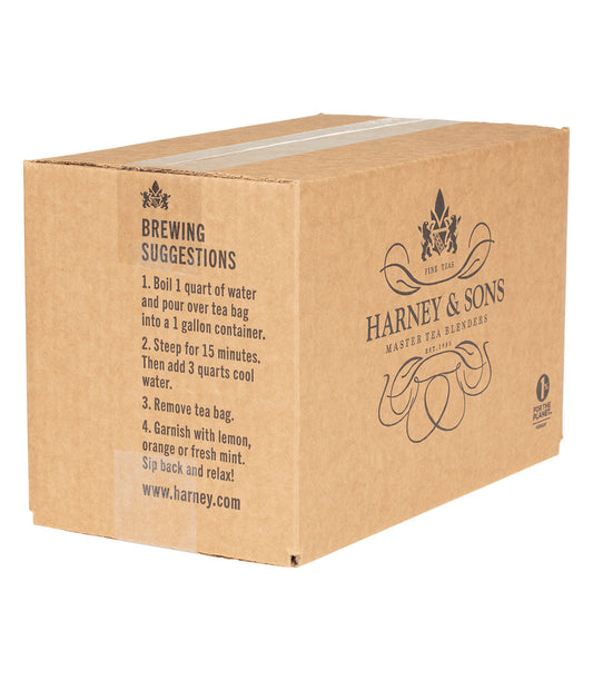 Brown cardboard box with Harney & Sons branding and brewing instructions on a white background - blinks emporium