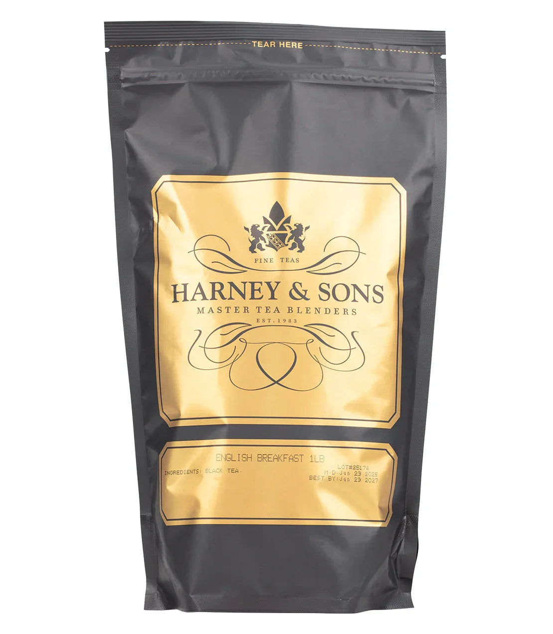 Harney & Sons English Breakfast black tea 1 lb loose leaf bag, gold and black packaging - blinks emporium