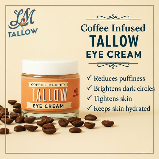Coffee infused tallow eye cream jar with coffee beans and skincare benefits listed