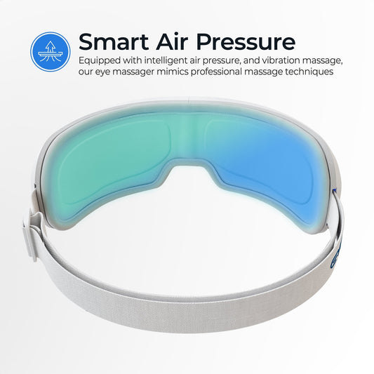Smart air pressure eye massager with blue gel pads on a white background