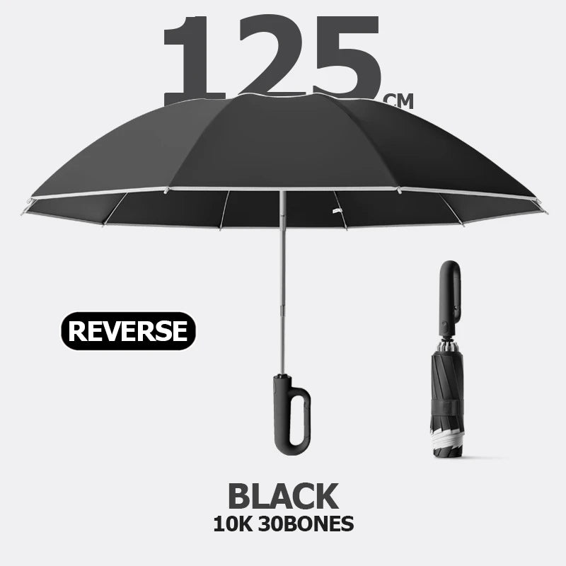 Premium Windproof Umbrella with Reflective Strip, Reverse Automatic Folding, UV Protection, and Carabiner Handle