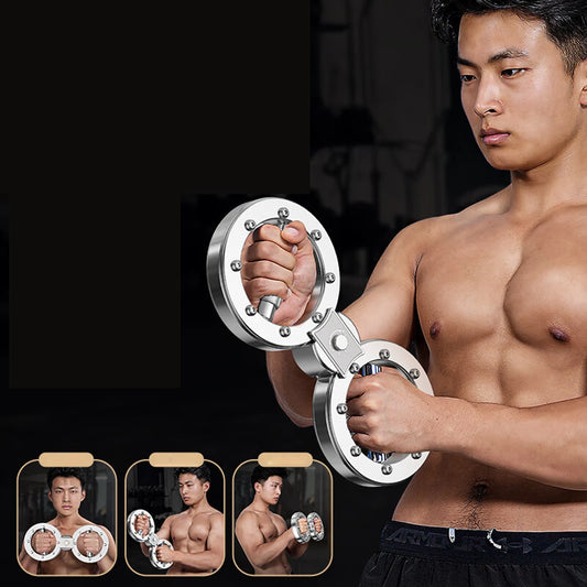 Muscular man using adjustable grip strength trainer in gym for arm and hand exercise