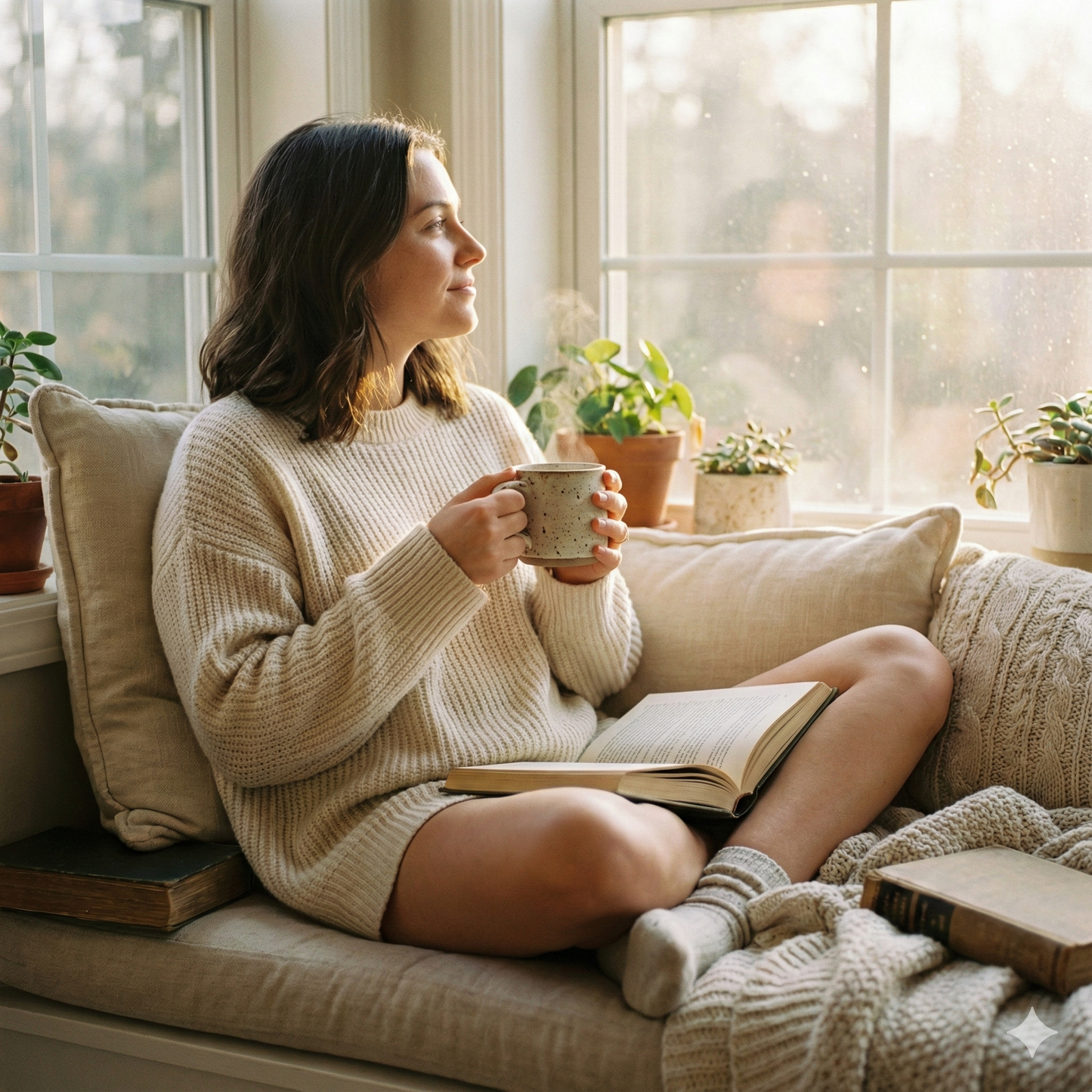 Woman sitting on a couch by a window, holding a mug and reading a book, with plants around - Blinks Emporium
