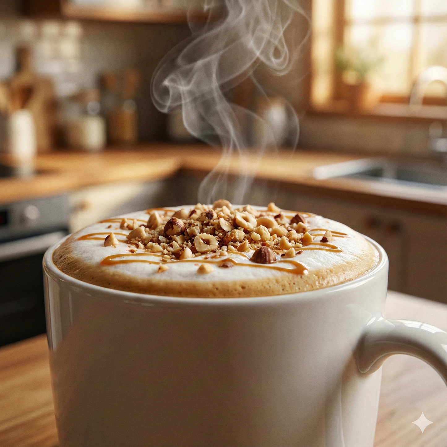 Steaming hot coffee with nuts and caramel in a white mug, kitchen background - Blinks Emporium