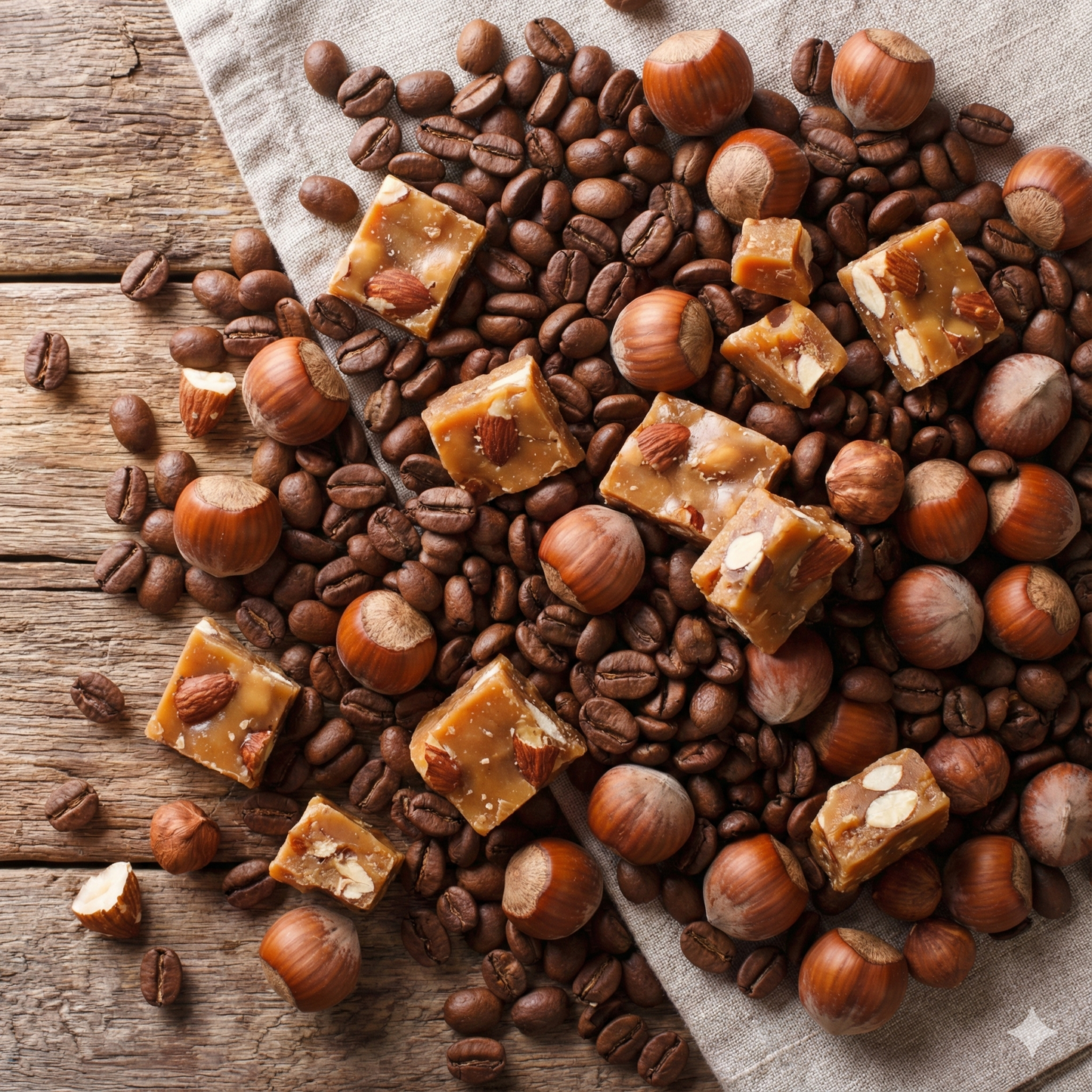 Roasted coffee beans, hazelnuts, and caramel candies on a wooden surface - Blinks Emporium