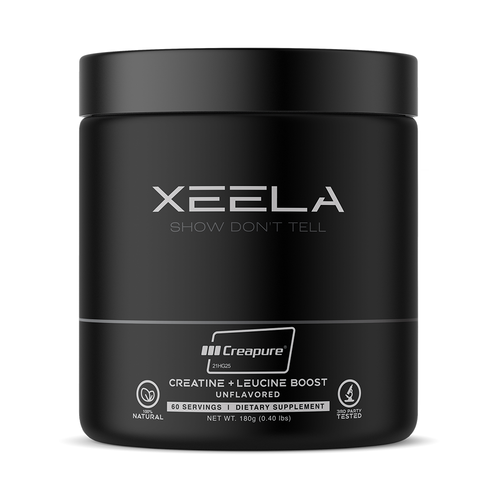 Black supplement container with XEELA branding on a white background