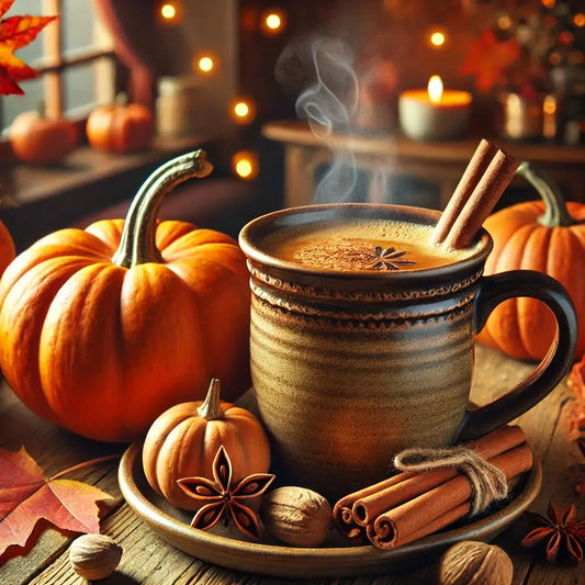 Steaming pumpkin spice latte with cinnamon sticks and pumpkins on a wooden table.