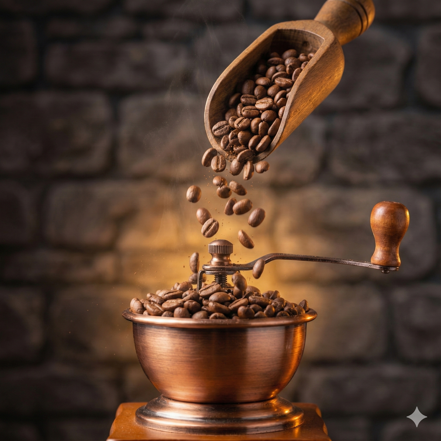 Highlander Grogg Coffee beans medium roast falling into copper grinder - Blinks Emporium