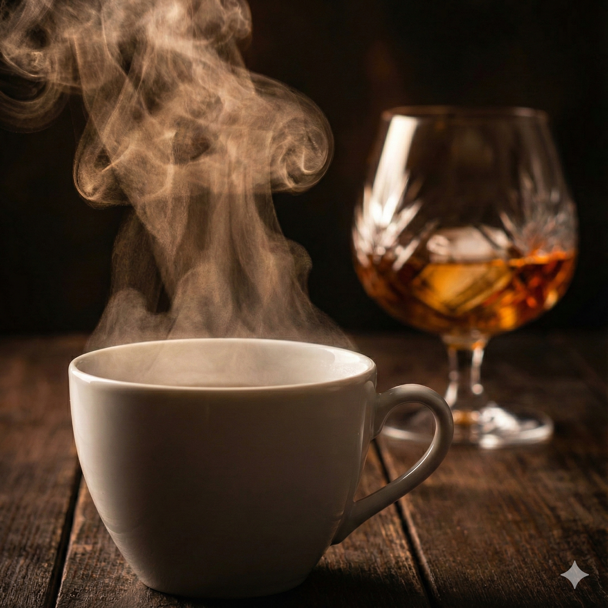 Highlander Grogg Coffee steaming cup with brandy glass background - Blinks Emporium.