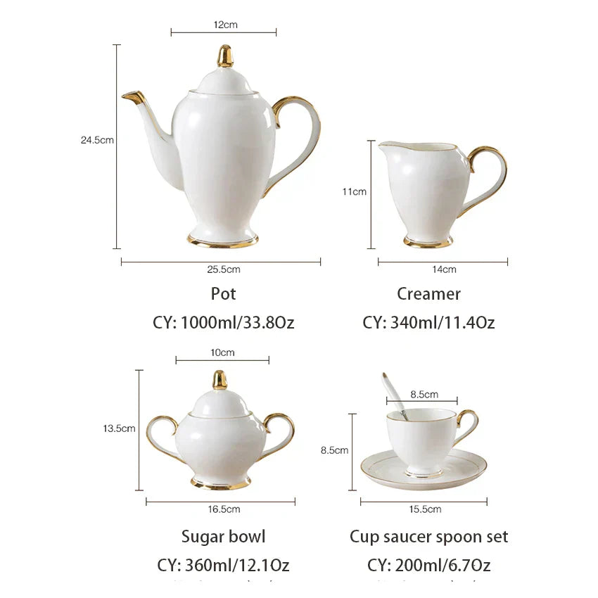 DecorBites™ Bone China Coffee Set White Gold Porcelain Tea Set Advanced Pot Cup