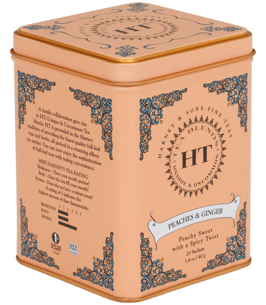 Harney & Sons Peaches & Ginger tea tin with ornate design and product details