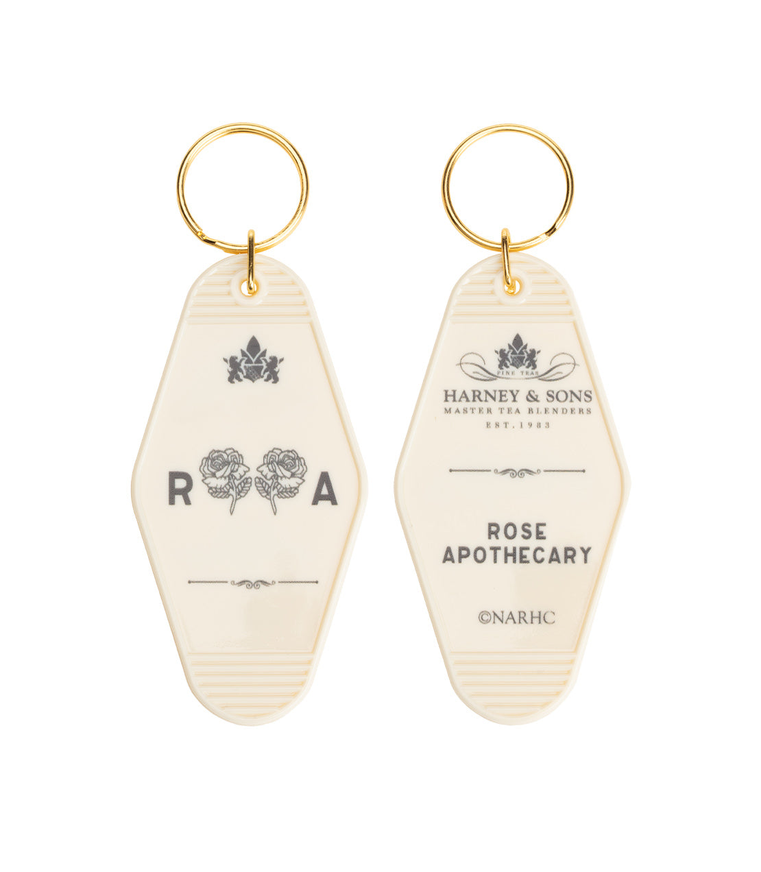 Two keychains with 'Harney & Sons' branding on a white background