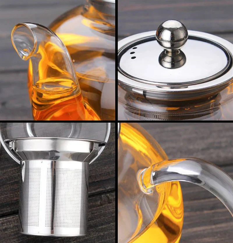 DecorBites™ Glass Teapot Set with Stainless Steel Strainer - Heat Resistant Pot for Tea and Coffee